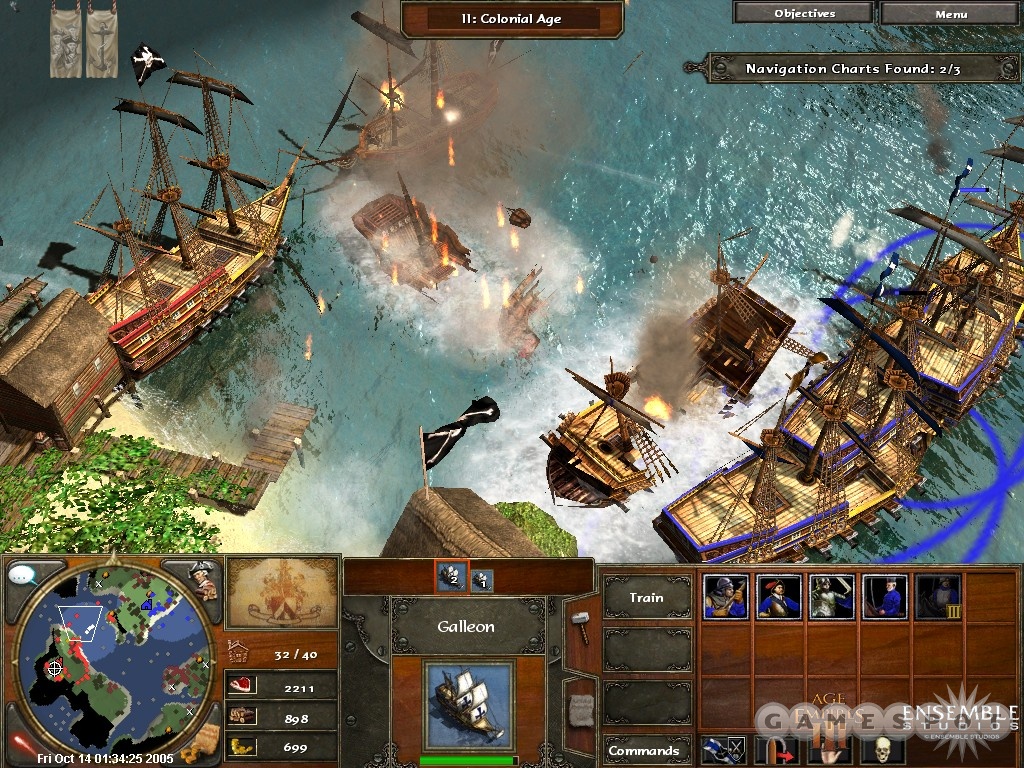 Naval combat in the original Age of Empires III, with a ship breaking apart and the interface visible.