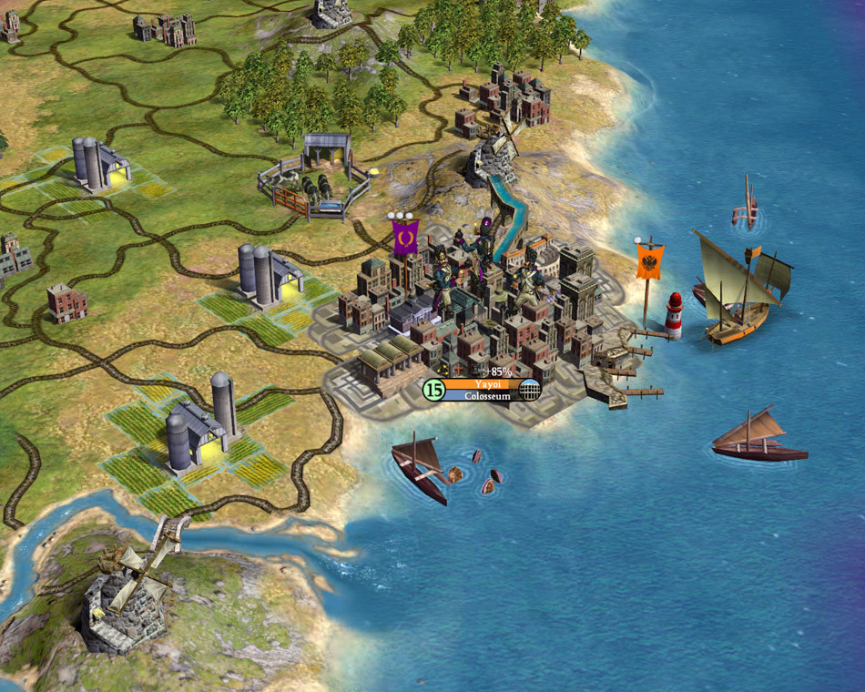 A coastal city, ships, roads and developed tiles in the original Civilization IV.