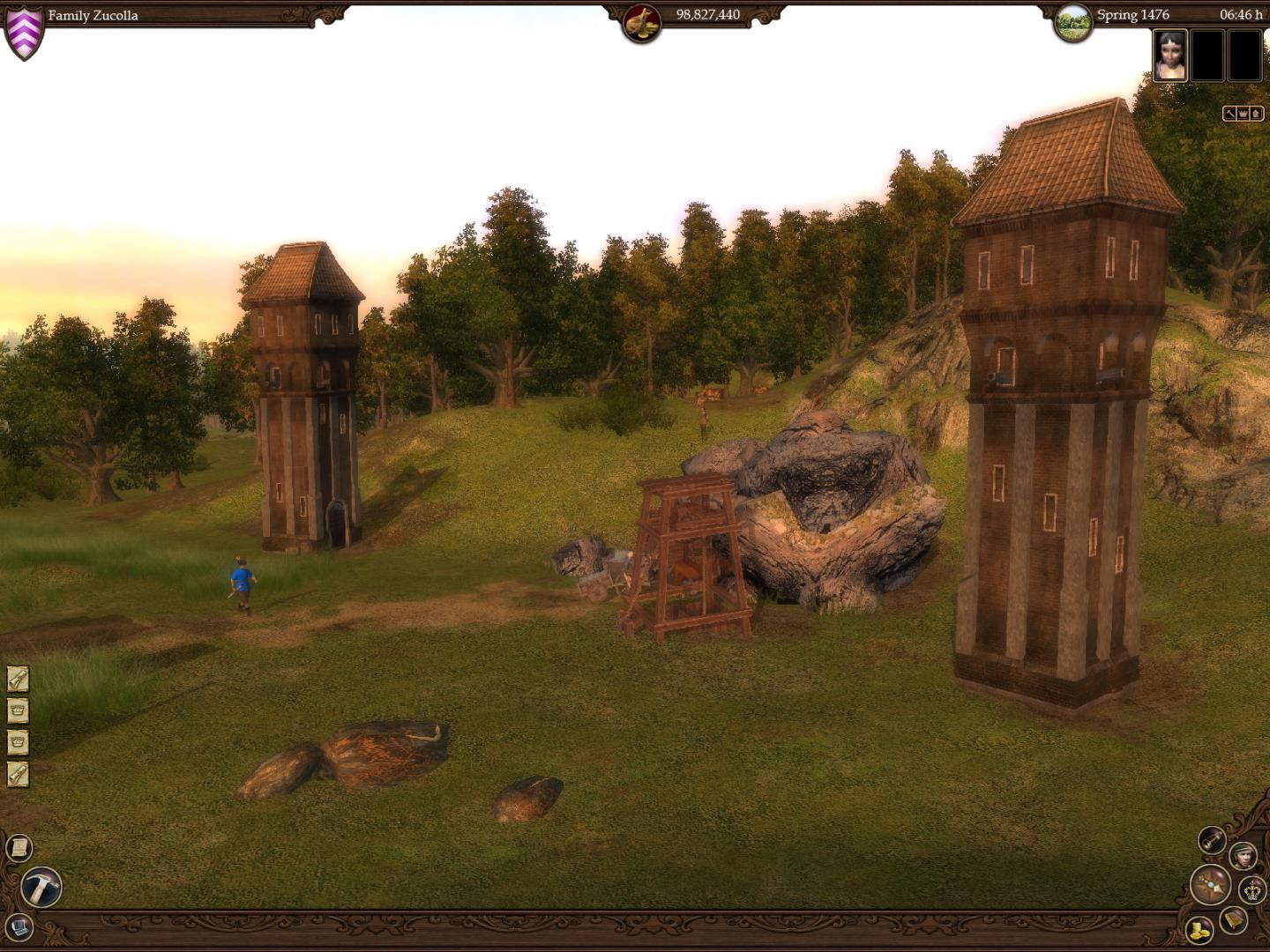 The Guild 2 showing a resource site, workers and the interface for the player’s family and character.