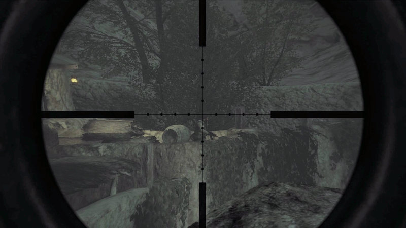 A rifle scope overlooks a low stone wall and vegetation during Running With Wolves.
