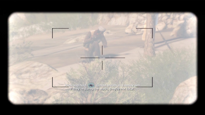 The M82 scope frames distant fighters, with an on-screen prompt to hold breath and steady aim.