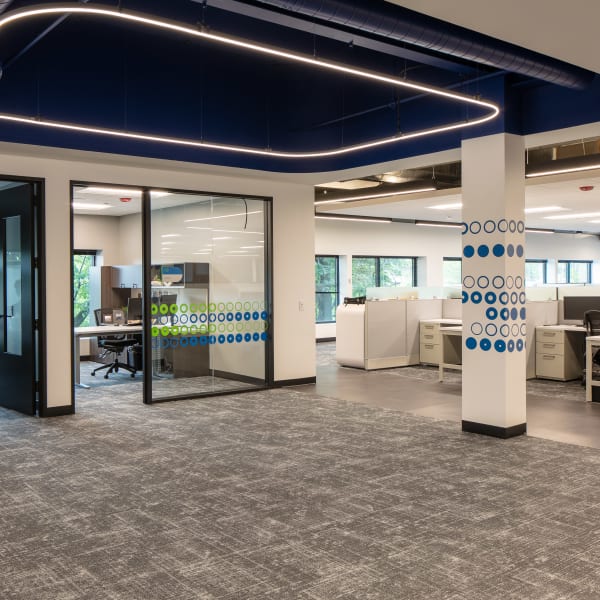 Window graphics applied to glass conference rooms showing colorful circular patterns in blue and green.