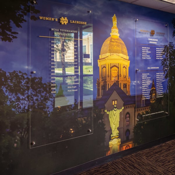 Custom wallpaper mural showing Notre Dame's iconic golden dome at dusk with tournament history and player names.