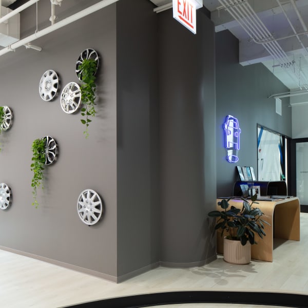 Gray office wall displays automotive wheel covers used as planters with trailing green plants in modern lobby.