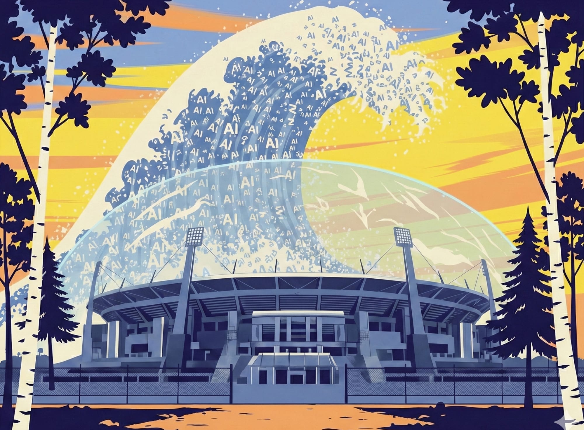 Ein Bild von einer Welle bestehend aus AI-Buchstaben, die auf ein Stadion zurollt. Das Stadion ist durch ein Schutzschild vor dieser geschützt.