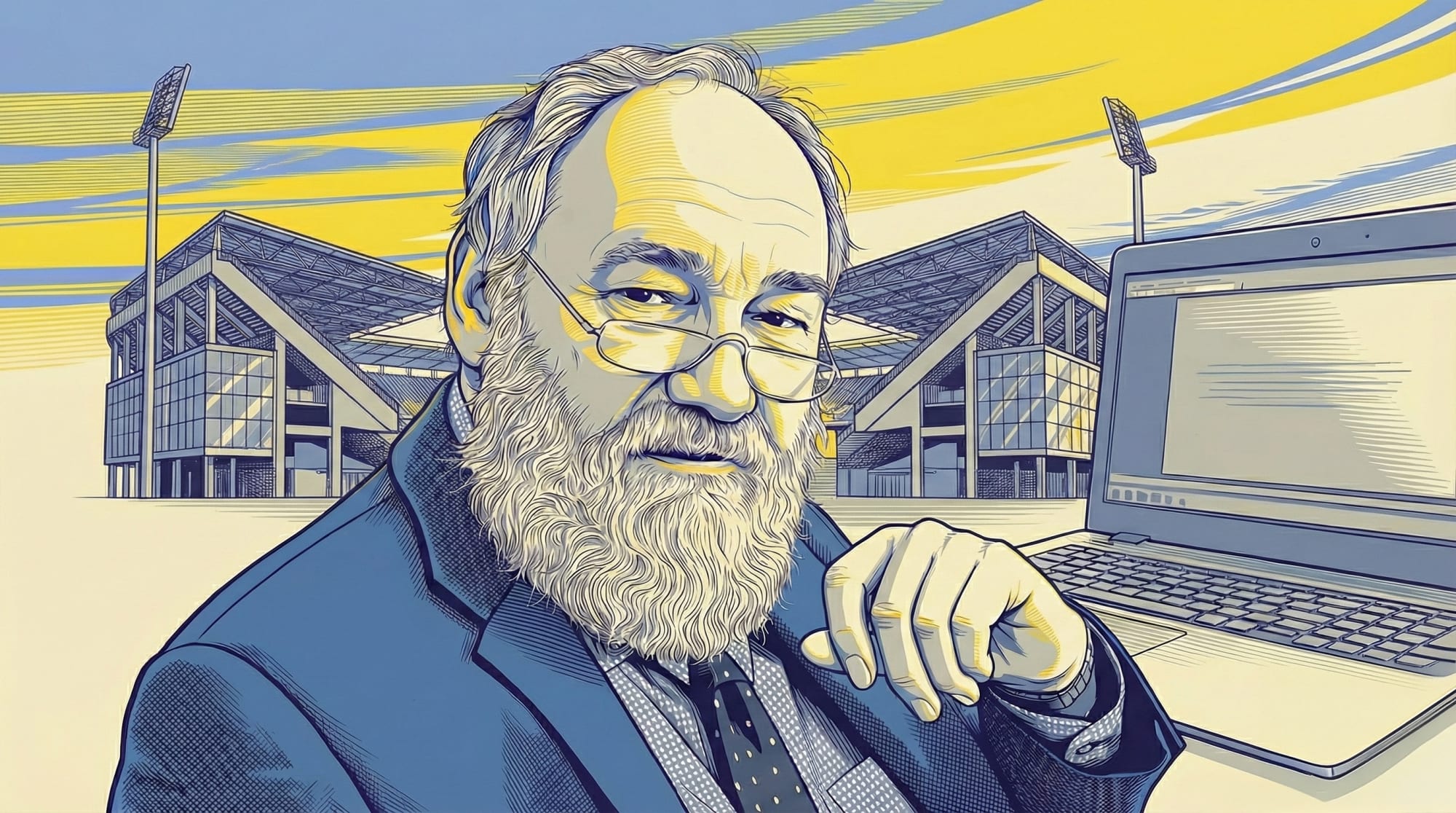 Prof. Peter Kruse vor einem Stadion und einem geöffneten Laptop