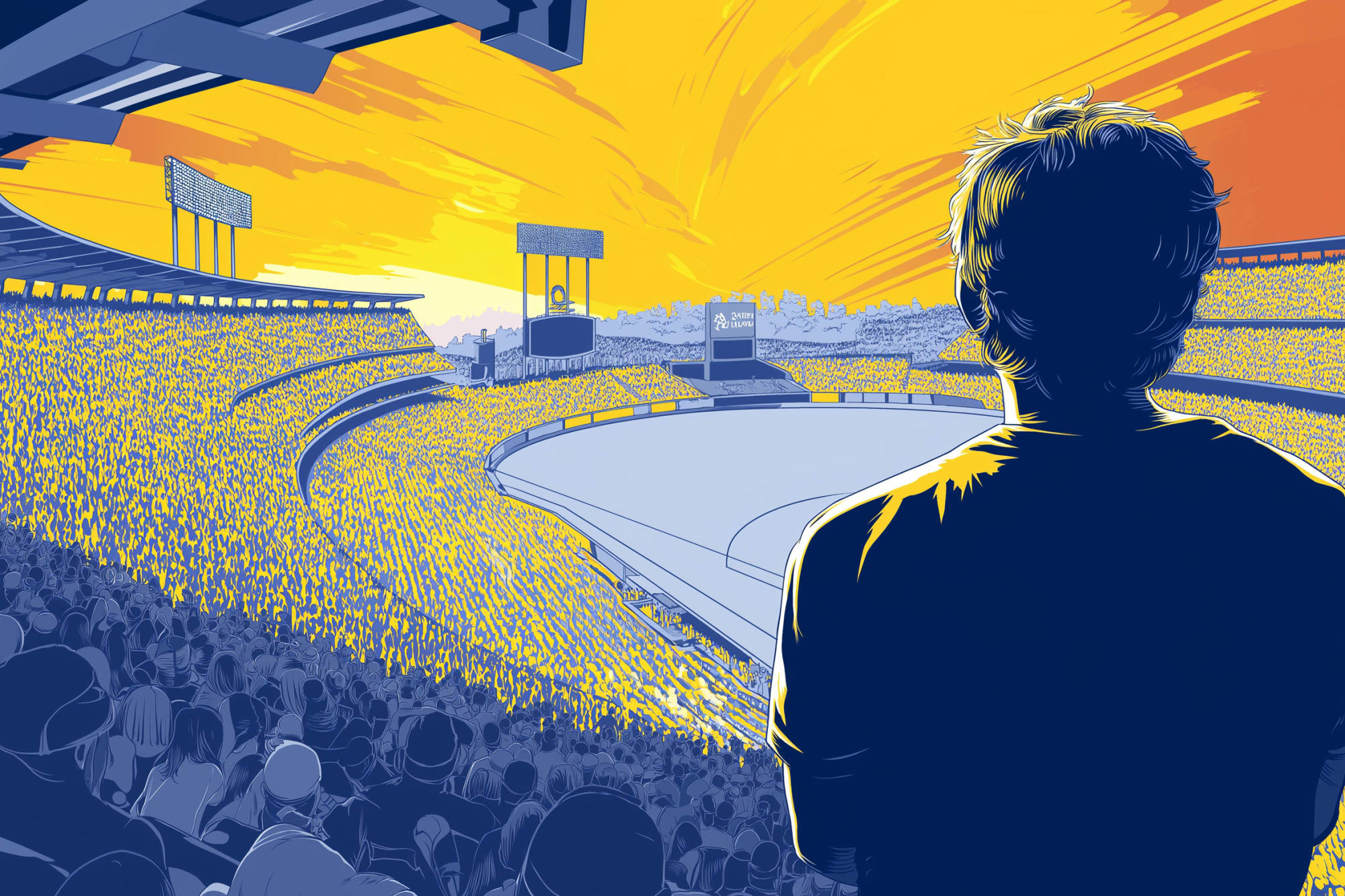 Diese KI-generierte Illustration zeigt ein prall gefülltes Stadion aus der Perspektive eines Einzelnen im Vordergrund. Die Szene ist in kräftigem Blau und Gelb gehalten, während ein dramatischer Sonnenuntergang den Himmel in warmem Orange einfärbt. Die Illustration erinnert an klassische Vektorgrafiken im Siebdruckstil und vermittelt eine epische, emotionale Stimmung zwischen individueller Erfahrung und kollektiver Atmosphäre.