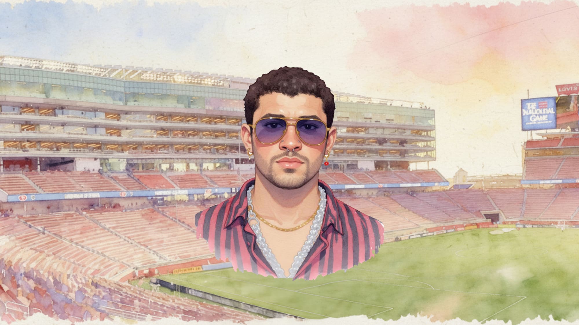 Illustration von Bad Bunny im Anschnitt, im Hintergrund das leere Levi's Stadium
