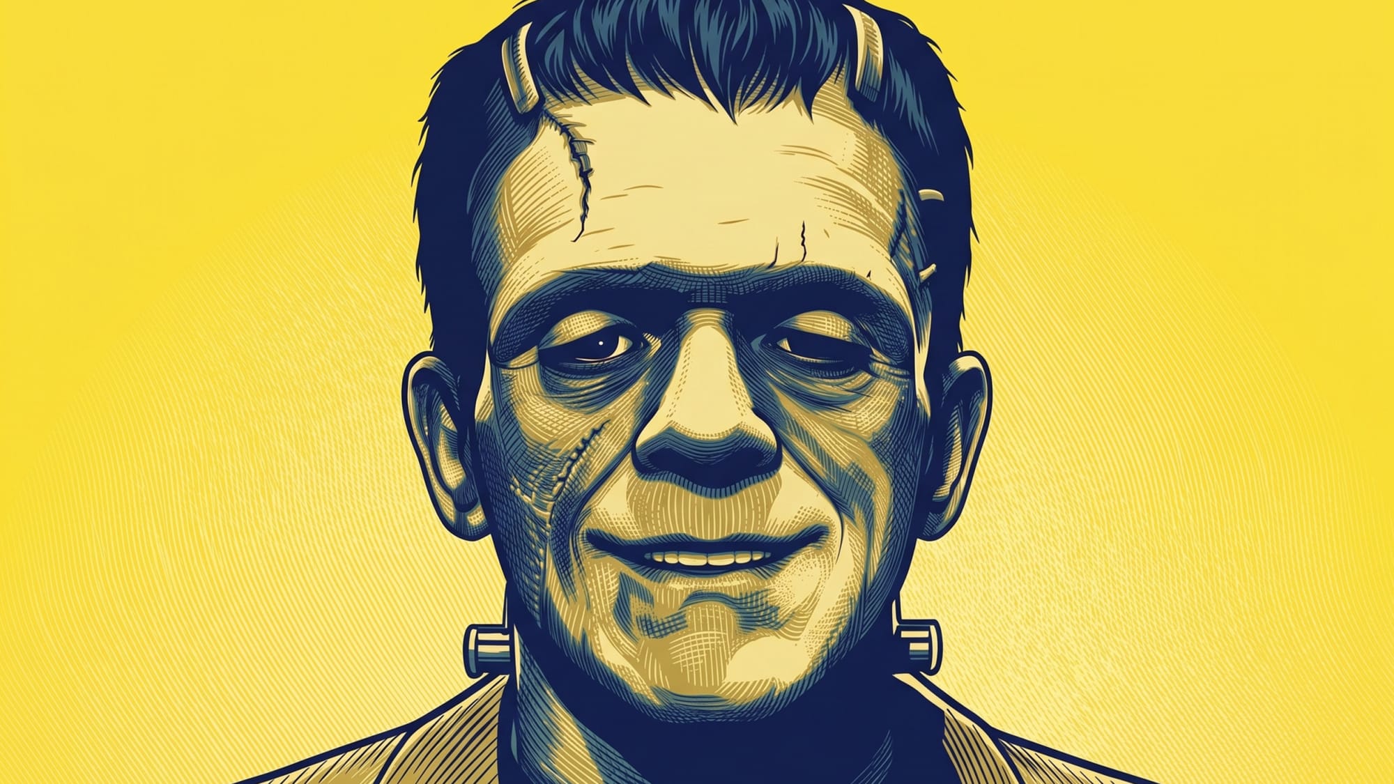 Das Bild ist eine Illustration von einem lächelnden Frankenstein