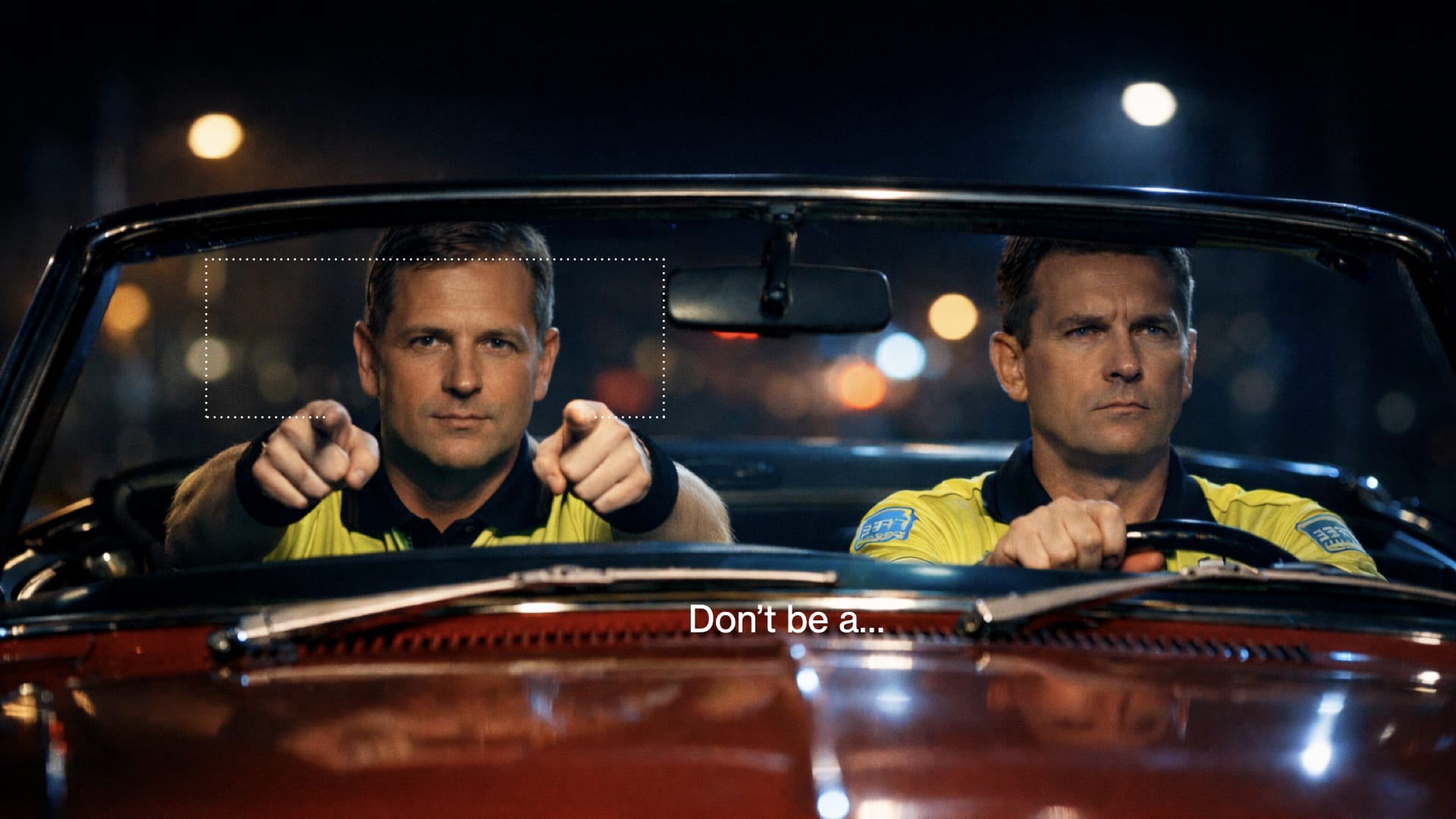 Auf dem Foto macht ein Schiedsrichter als Beifahrer in einem Auto die typische Geste eines Videoschiedsrichters. Es ist eine Nachstellung der berühmten Pulp Fiction-Szene mit Uma Thurmann und John Travollta.