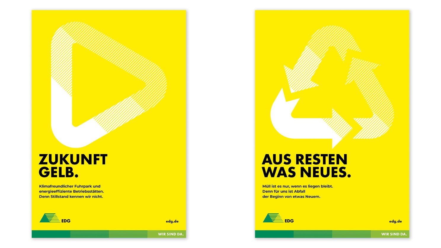 Das Bild zeigt zwei gelbe rechteckige Flächen mit weißen Pfeilen, die in unterschiedliche Richtungen weisen.
Auf den Flächen steht deutlich sichtbar der Text:
„ZUKUNFT GELB“ (Zukunft Gelb)
und
„AUS RESTEN WAS NEUES“ (Aus Resten etwas Neues).