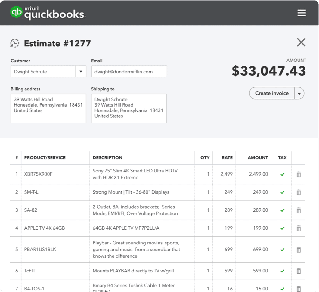 QuickBooks estimates