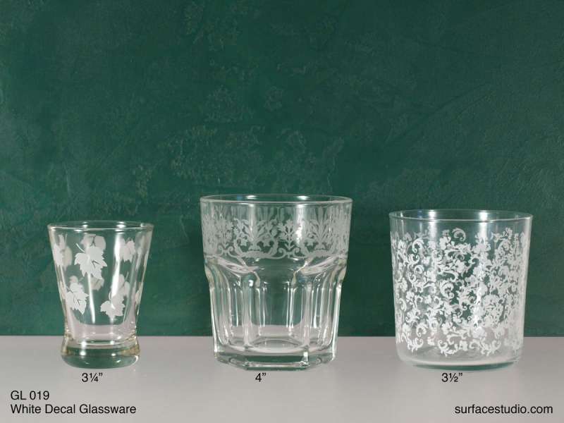 GL 019 White Decal Glassware ~ $7 per item