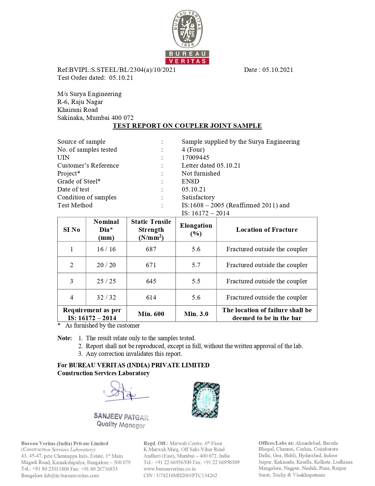 Bureau Veritas Rebar Coupler Tensile test certificate