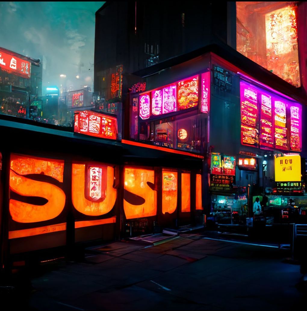 sushi-themed cyberpunk city, neon signs, towers, illuminated sushi.jpg