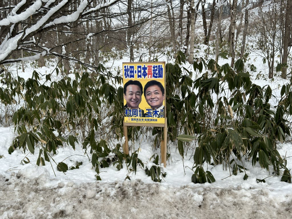 雪の中にぽつんとある国民民主党の選挙ポスター