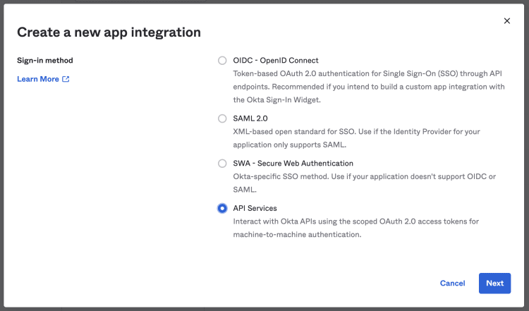 Creating developer account with Okta, choosing API Services and click Next.