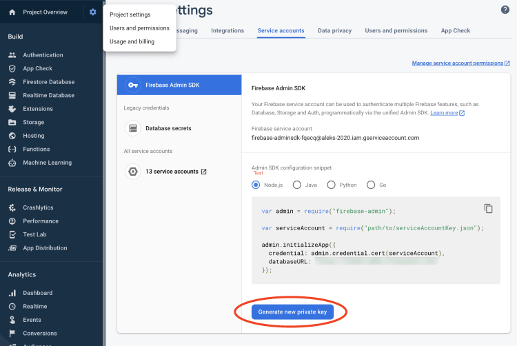 Generate new private key in Firebase Console