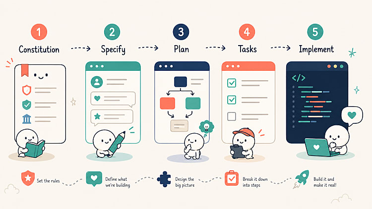 Spec-kit GitHub repo header and workflow diagram showing the constitution → specify → plan → tasks → implement pipeline