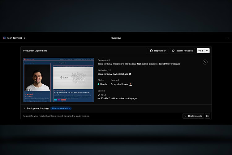 Vercel dashboard showing the successful deployment of the neon-terminal project