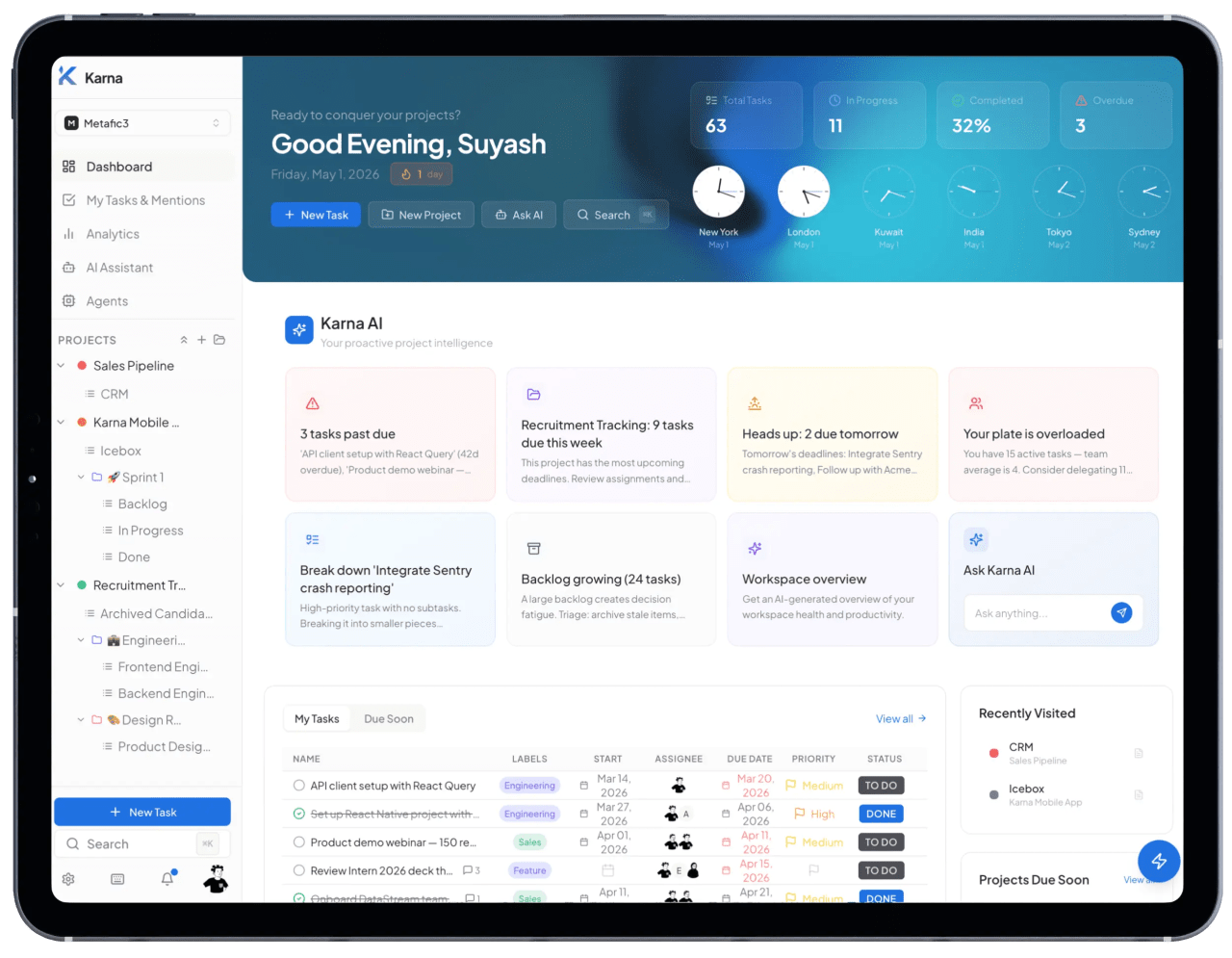 Karna across devices — web, board, tasks and AI assistant
