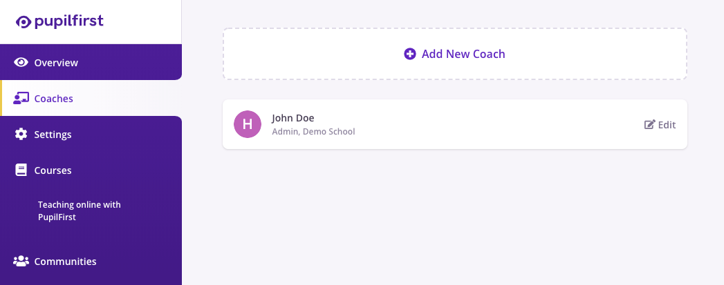 Coaches page in school administration interface