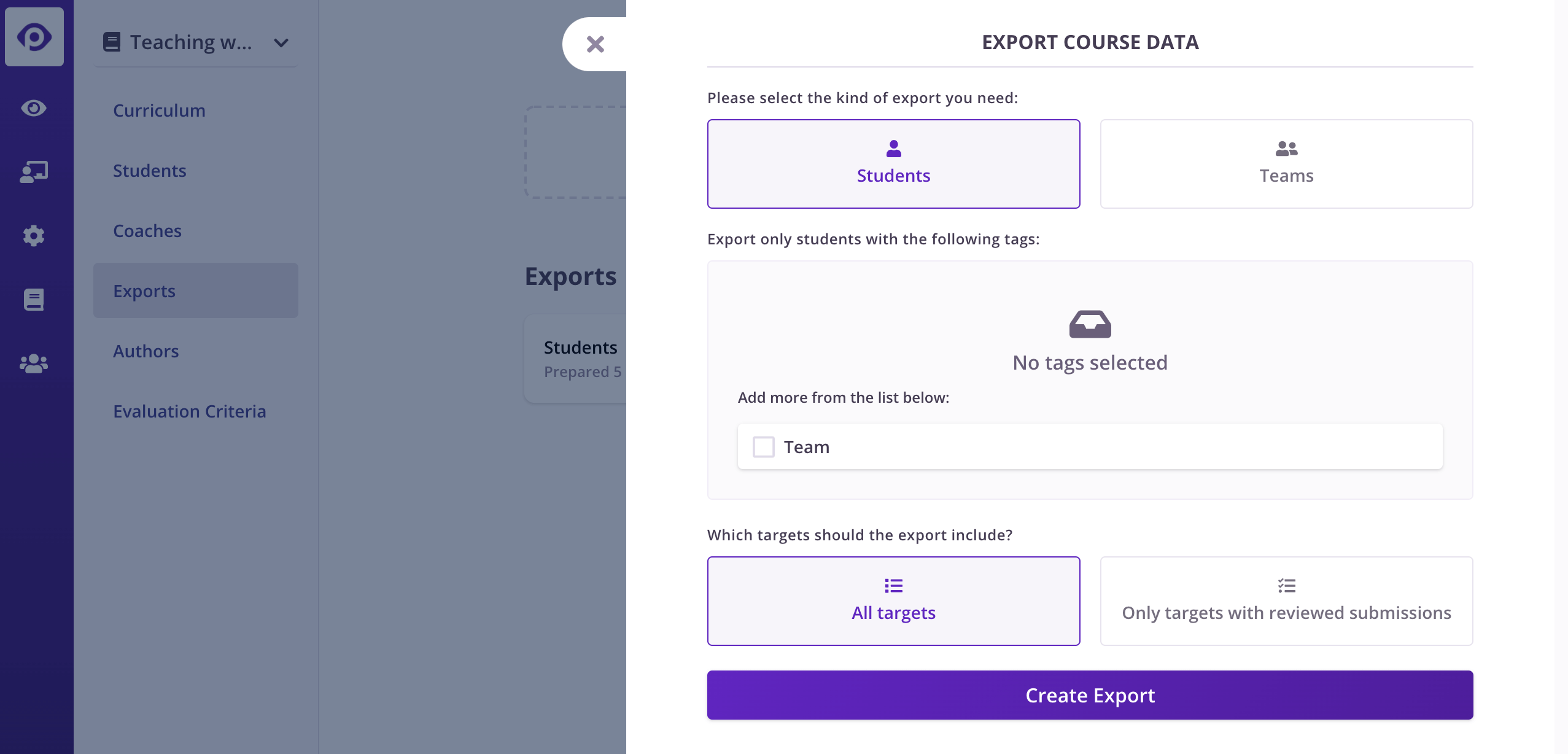 Course exports interface