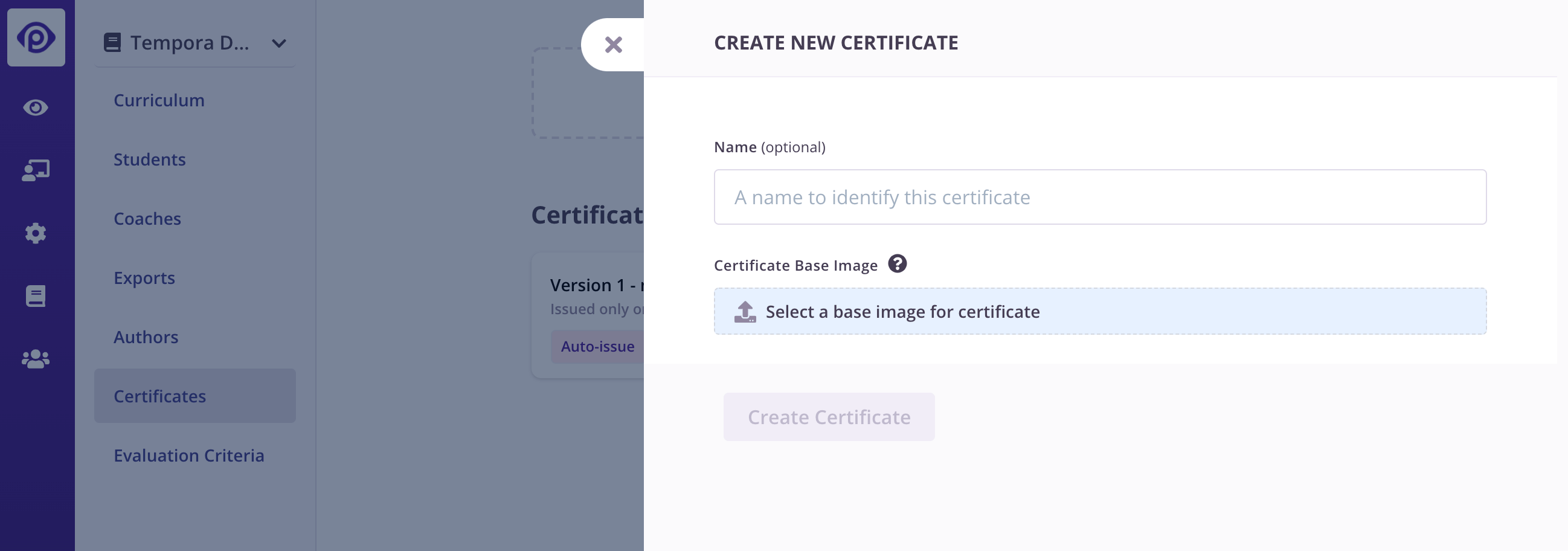 Screenshot of certificate creation form