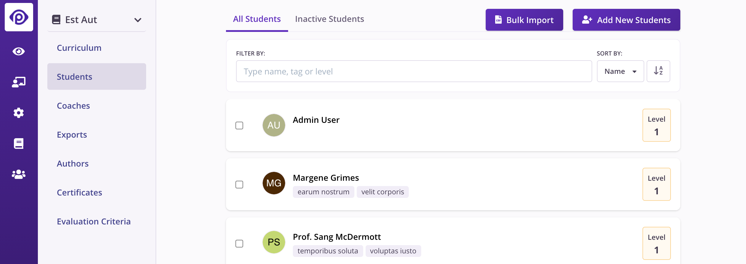 Students page within a course in the school administration interface