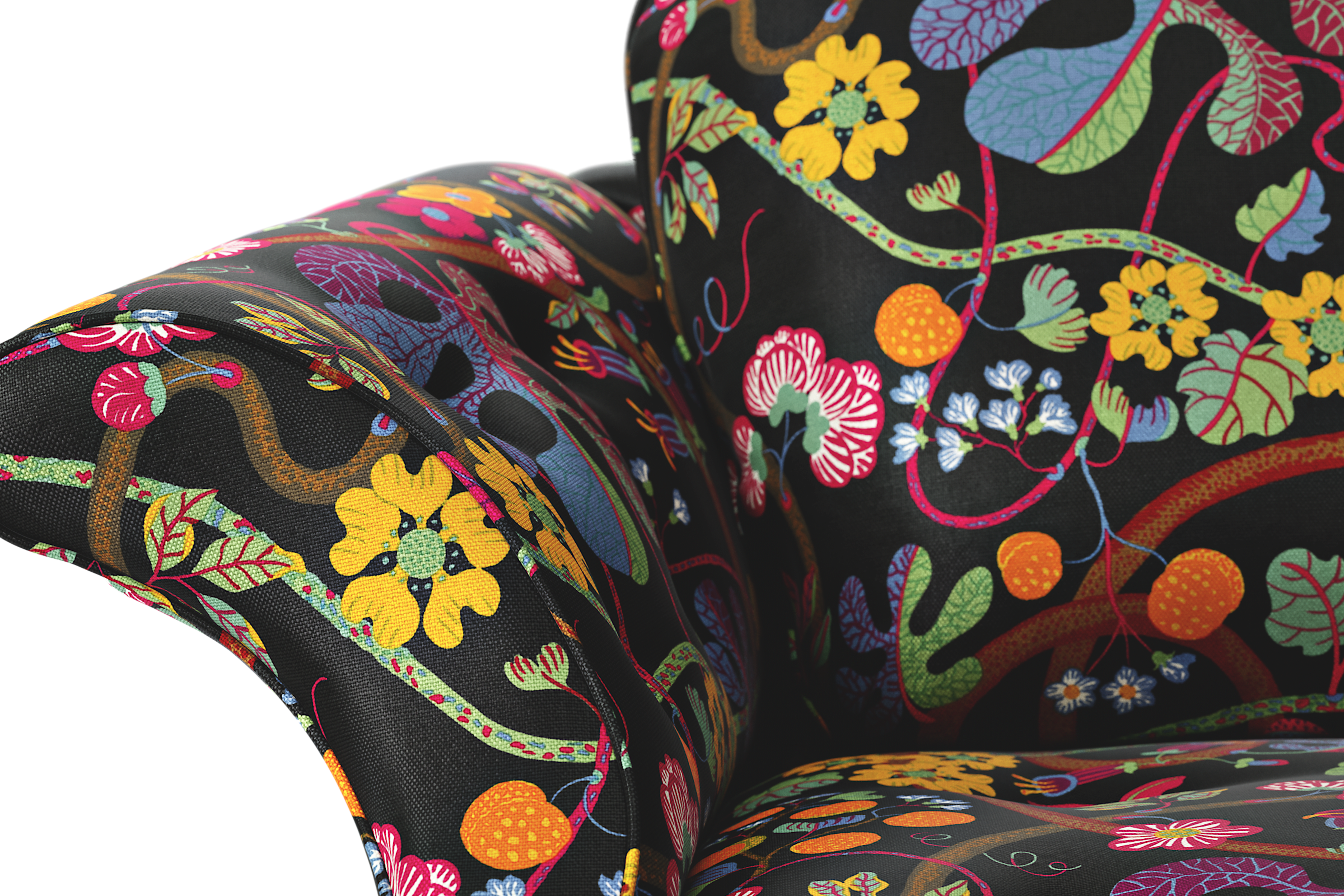 Close-up of curved arm with floral upholstery