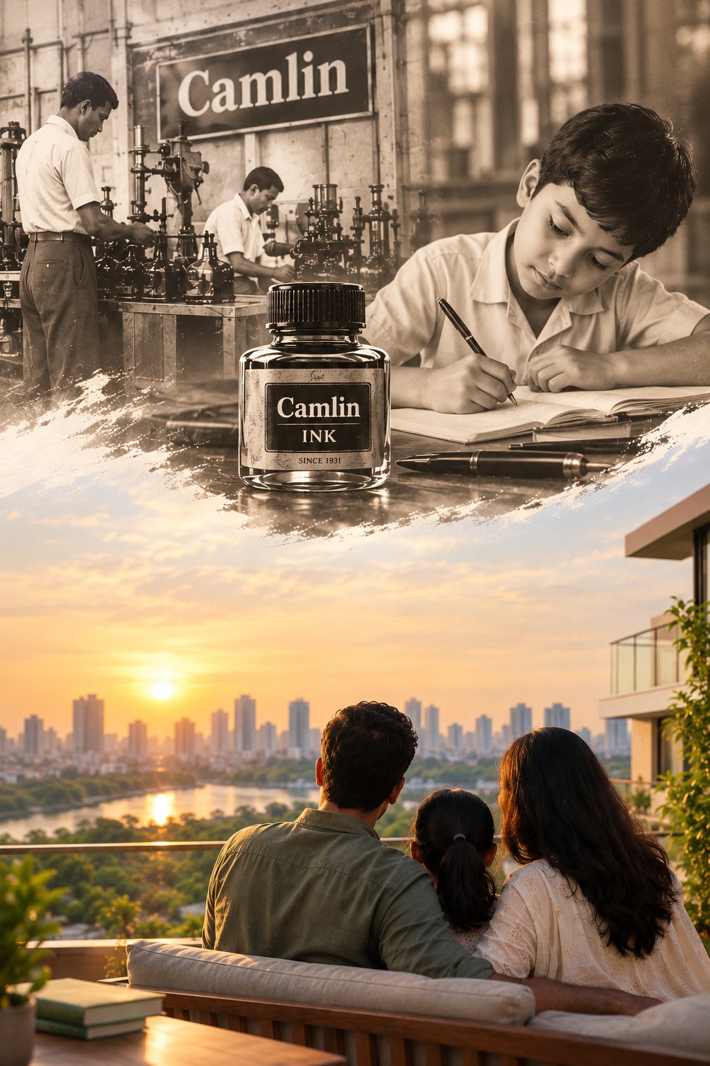 Then and now: a sepia Camlin ink works and a boy writing with a fountain pen, above a family watching the sun set over Pune from a planted terrace