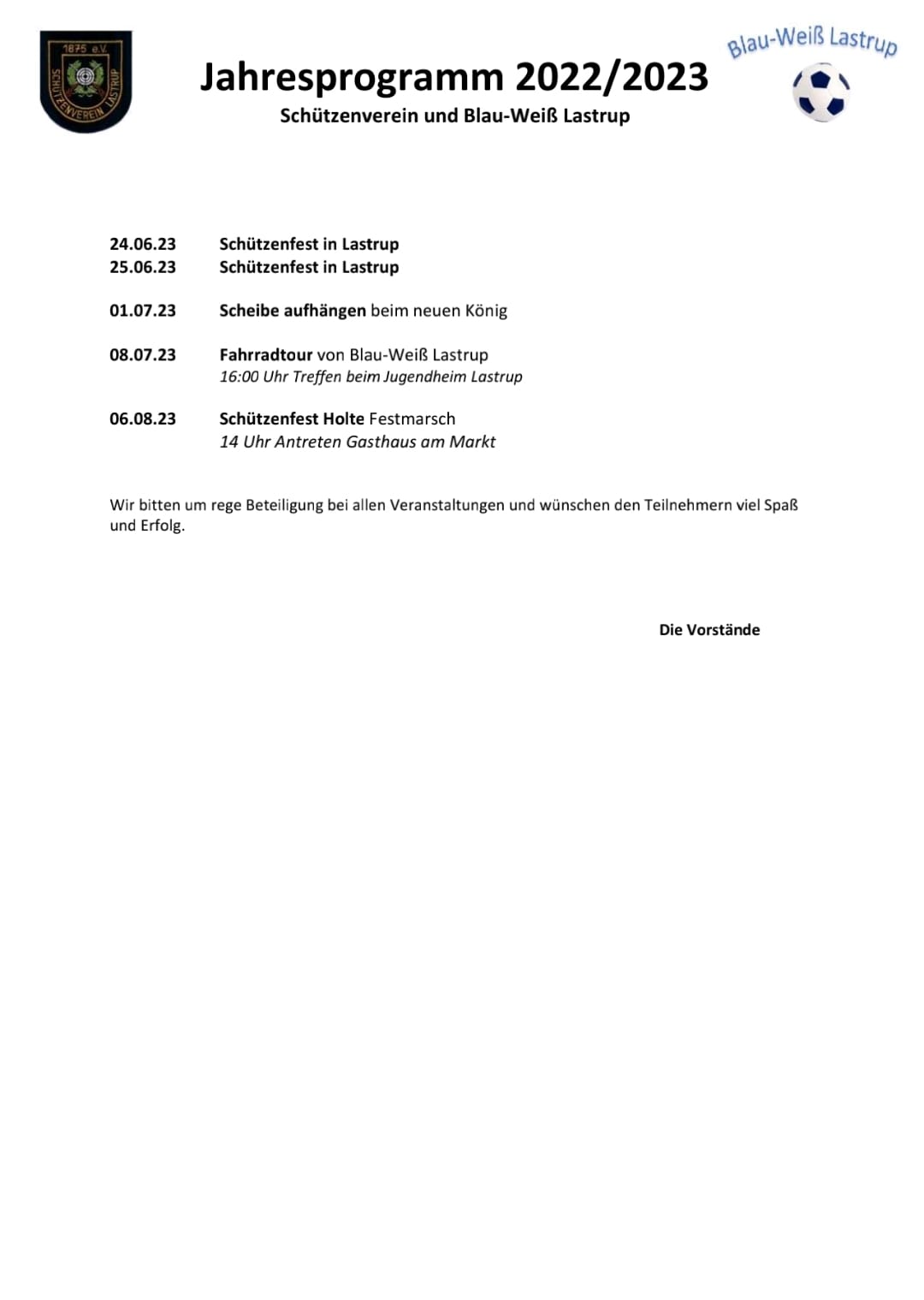Schützenverein und Blau-Weiss Lastrup Jahresprogramm 2023