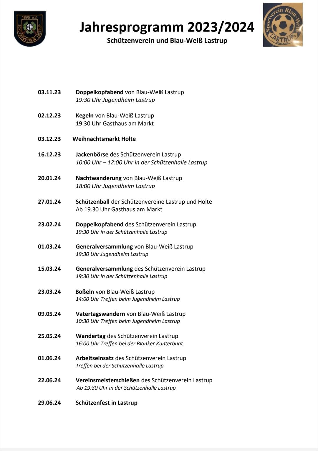 Jahresprogramm des Schützenverein Lastrups 2024 - 1/2