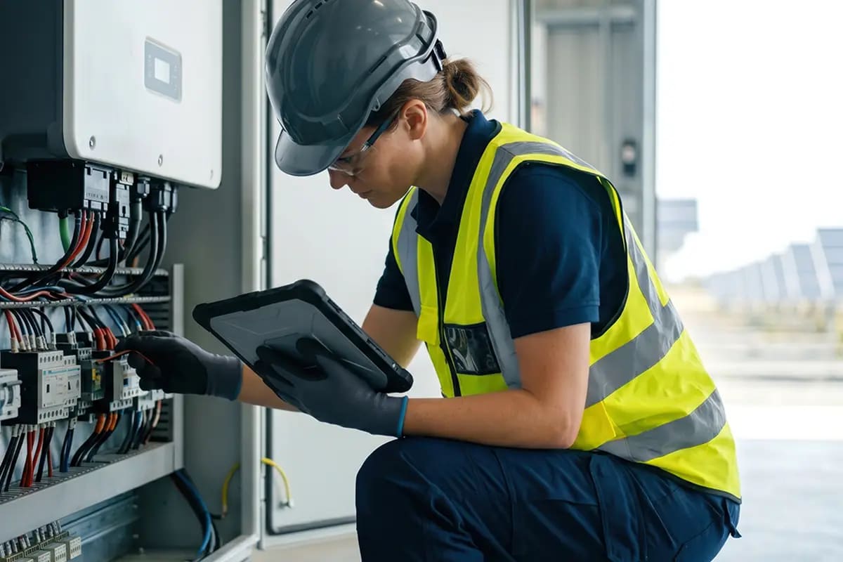 Ingenieurin mit Tablet prüft Verkabelung