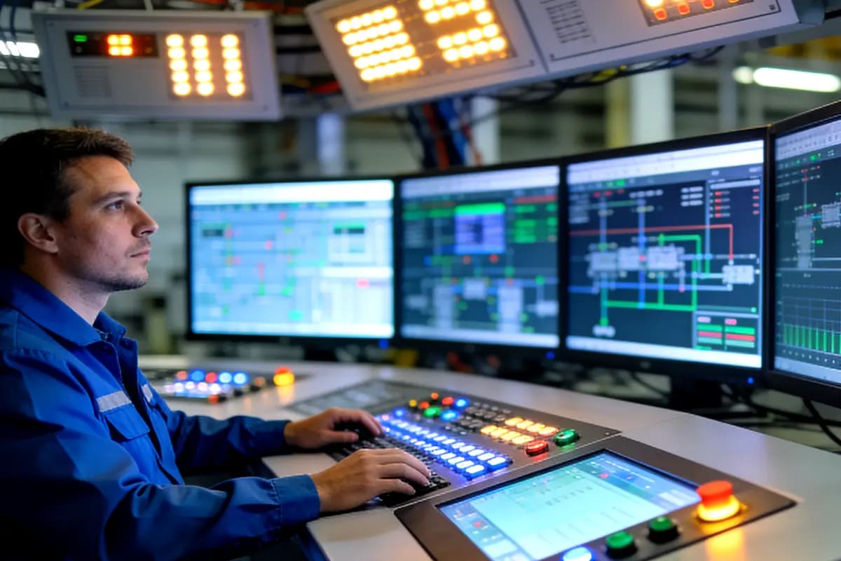 Mitarbeiter überwacht Monitore an Schaltanlage