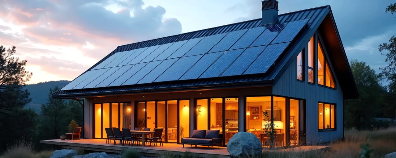Haus mit Photovoltaik am Abend