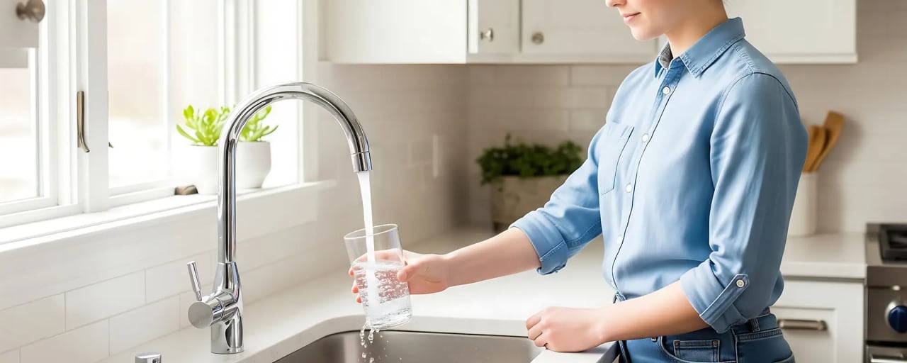 Frau füllt ihr Glas am Wasserhahn