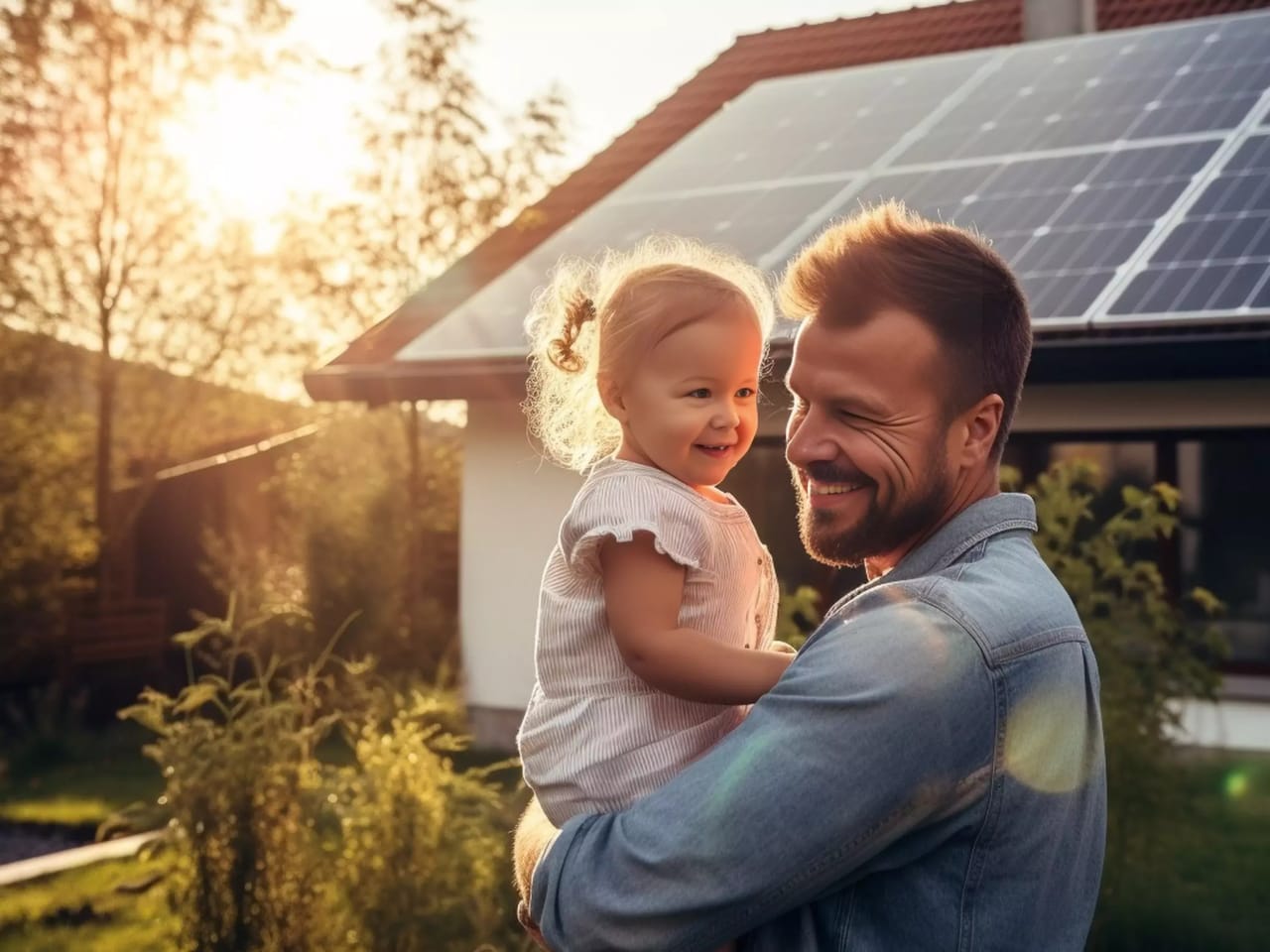 Vater mit Kleinkind im Arm vor einem Haus mit Solaranlage.