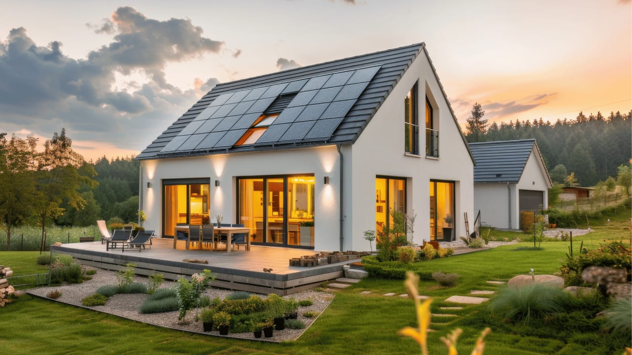 Modernes Haus mit PV-Anlage auf dem Dach.