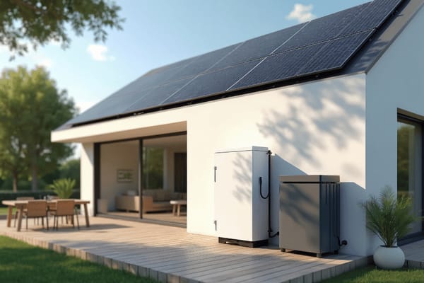 Ein Haus mit Photovoltaik auf dem Dach und einem Solarspeicher.