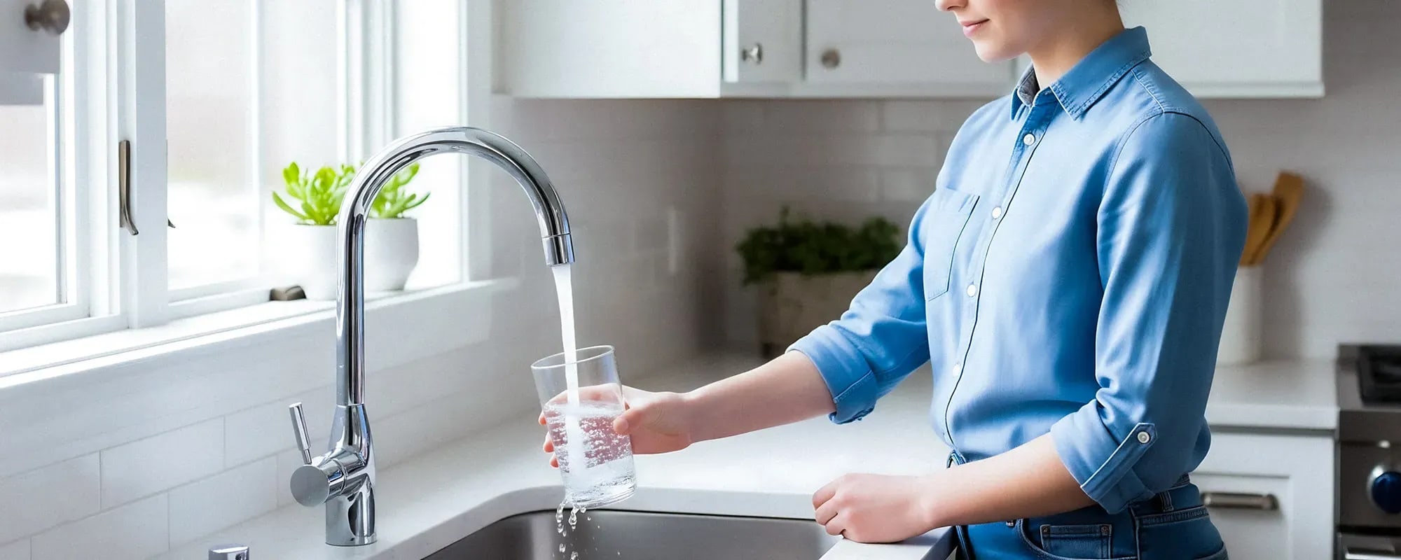 Frau füllt ein Glas Wasser am Wasserhahn