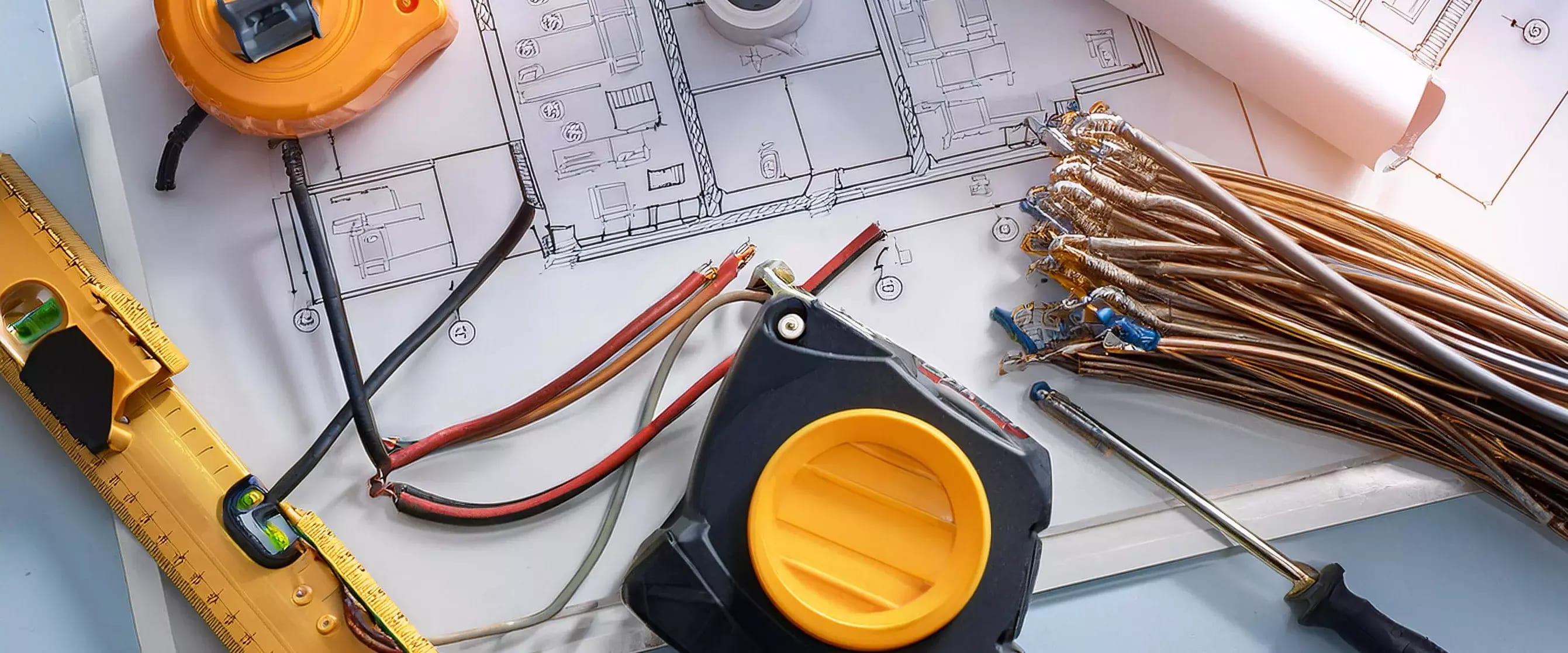 Elektroinstallationsmaterial wie Kabel, Schraubenzieher, Maßband und Wasserwaage liegen auf einem Bauplan – symbolisch für technische Planung und handwerkliche Umsetzung.