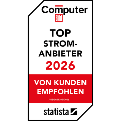 Computer Bild Siegel „Top Stromanbieter 2026 – von Kunden empfohlen“ (Statista, Ausgabe 05/2026).