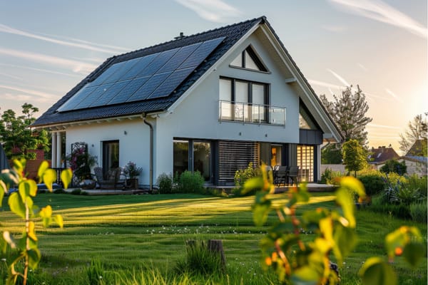 Modernes Haus mit PV-Anlage auf dem Dach.
