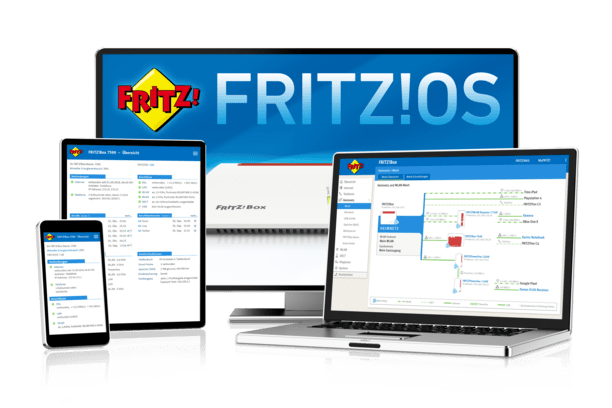 Darstellung der Benutzeroberfläche FRITZ!OS auf verschiedenen Geräten – Smartphone, Tablet, Laptop und Monitor – in Verbindung mit einer FRITZ!Box.