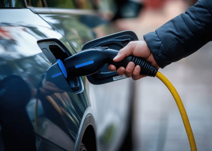 Elektroauto wird mit Ladestecker an einer Ladestation aufgeladen.