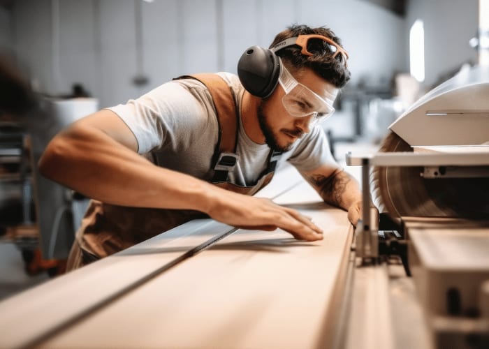 Ein Handwerker steht an der Schneidemaschine und schneidet ein Holzbrett.