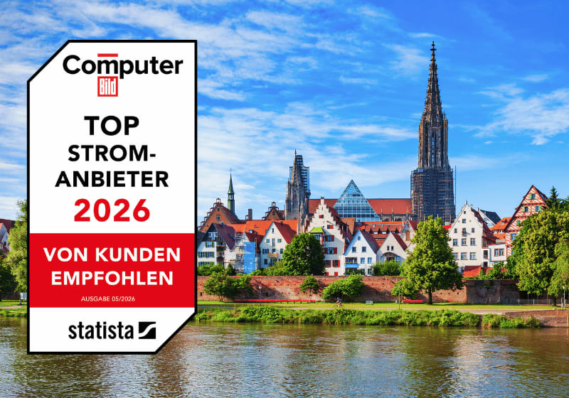Ulm mit historischer Kirche und Fluss.
