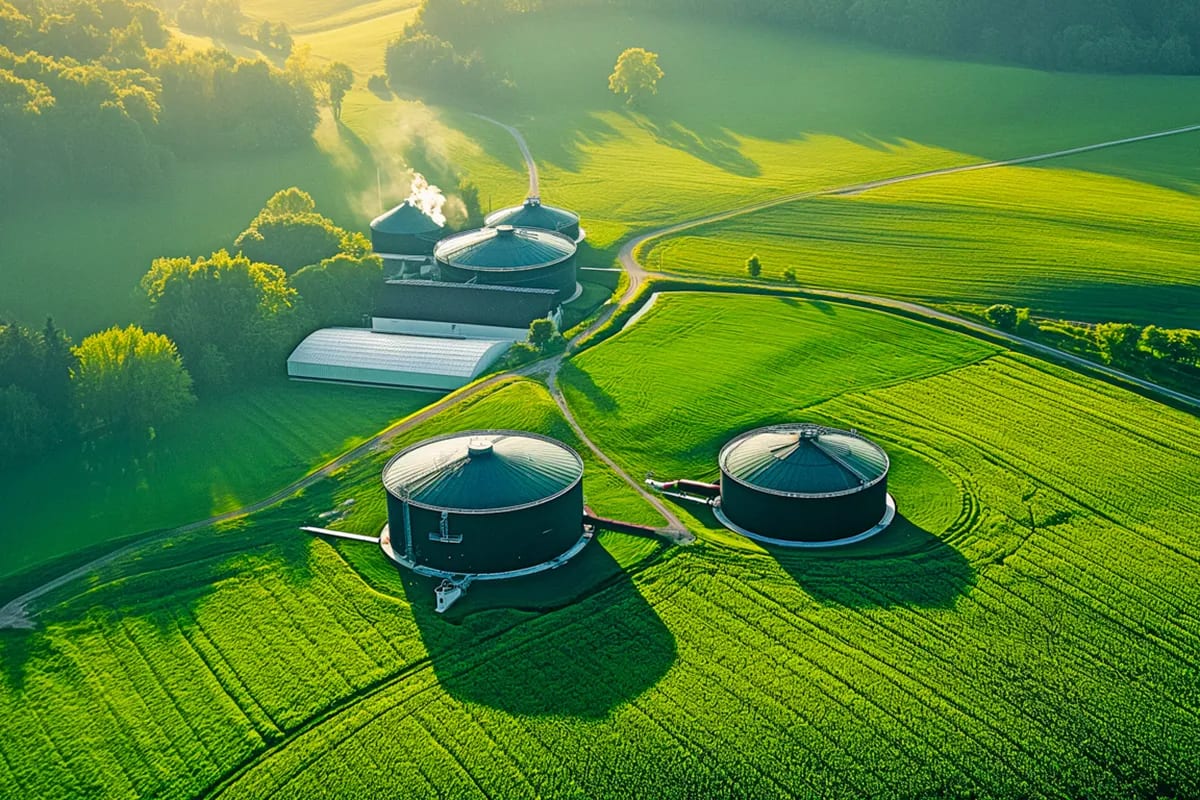 Biomethan-Anlage in grüner Landschaft