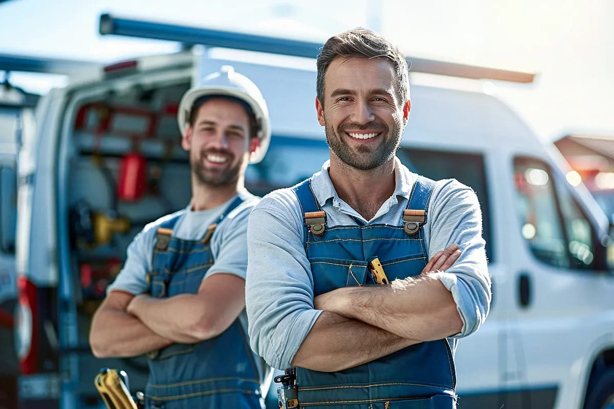 Zwei Installateure vor ihrem Fahrzeug